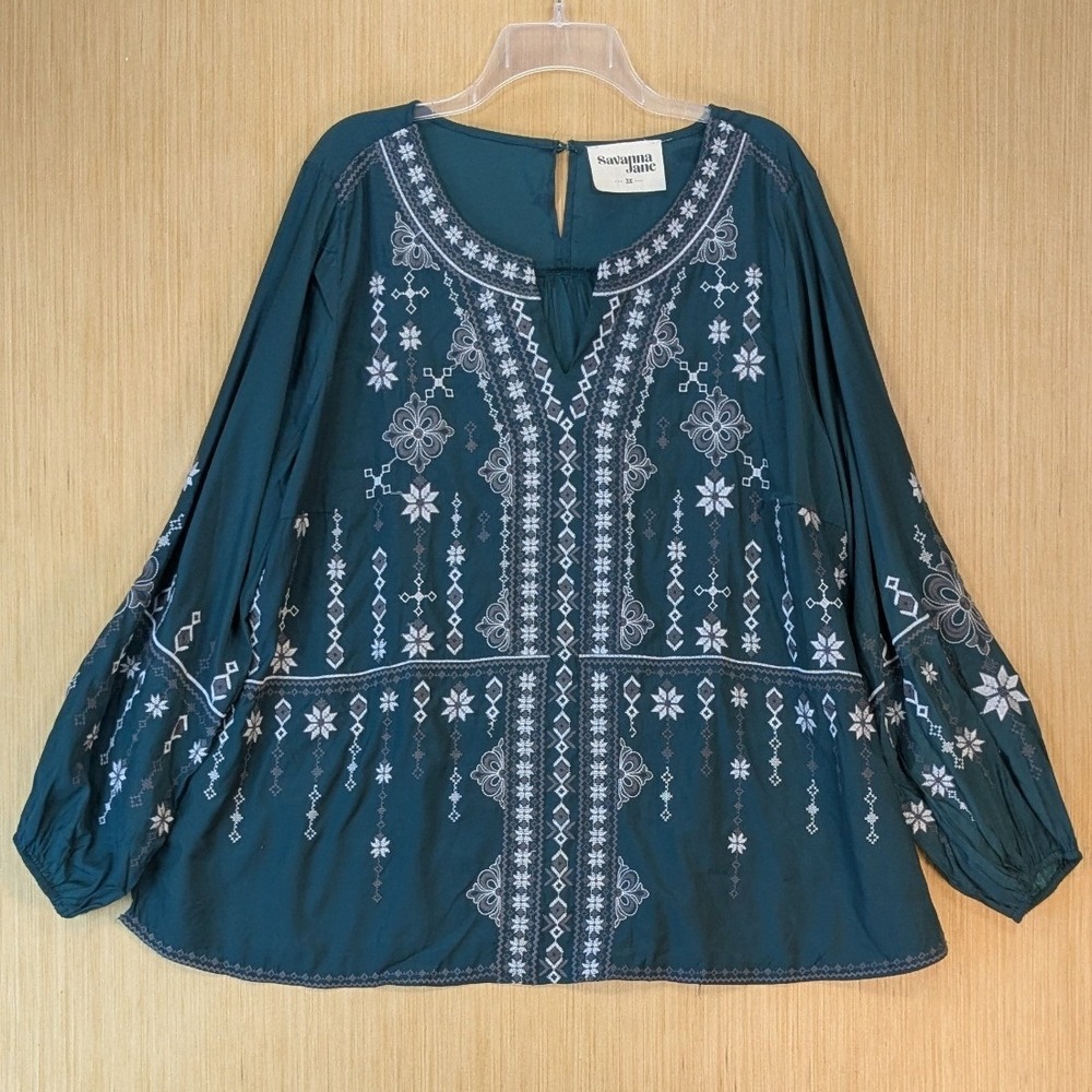 Savanna Jane Womens Teal Green Embroidered Peasant Blouse Plus Size 3X Boho Top